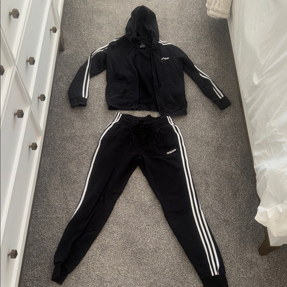 Adidas Black Hoodie and Joggers with White Stripes & Logo